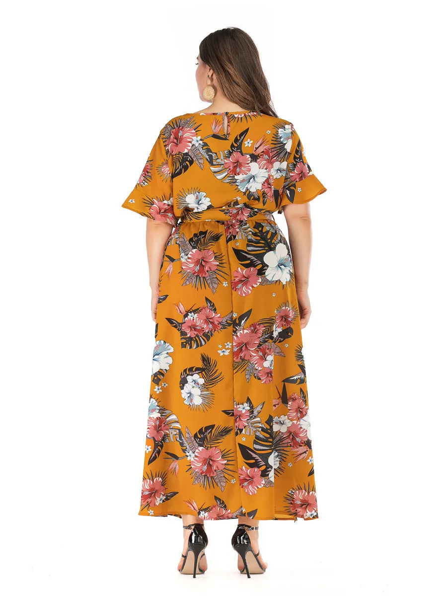 Bohemian Large Size Short Sleeve V-neck Dress