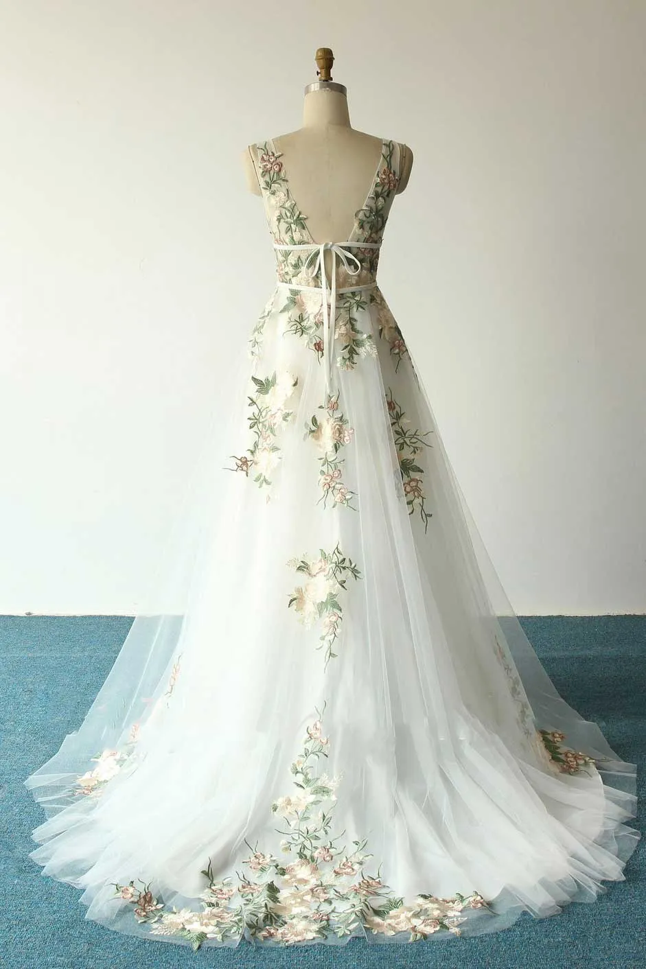 Boho Color Floral Lace Wedding Dress with Dual Waist Band ET3063
