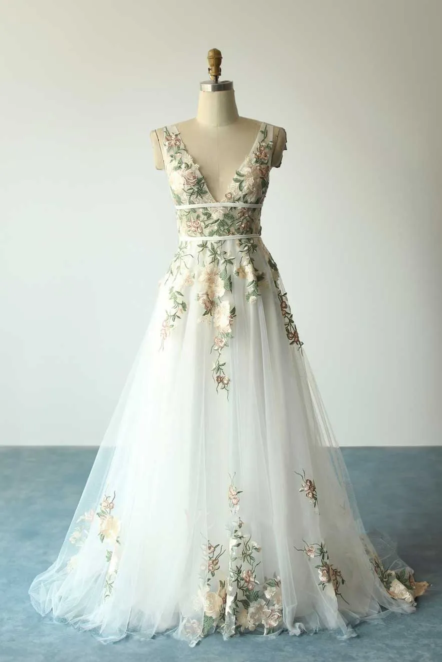 Boho Color Floral Lace Wedding Dress with Dual Waist Band ET3063