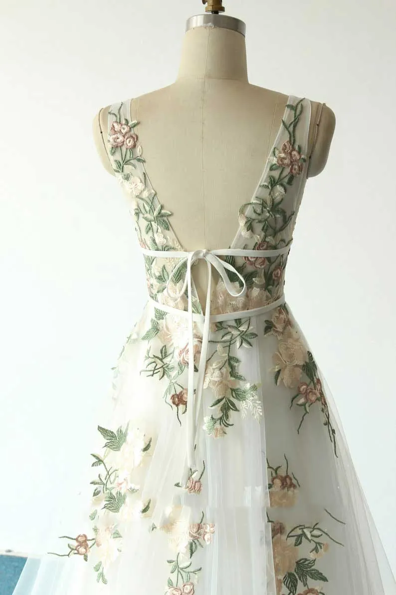 Boho Color Floral Lace Wedding Dress with Dual Waist Band ET3063