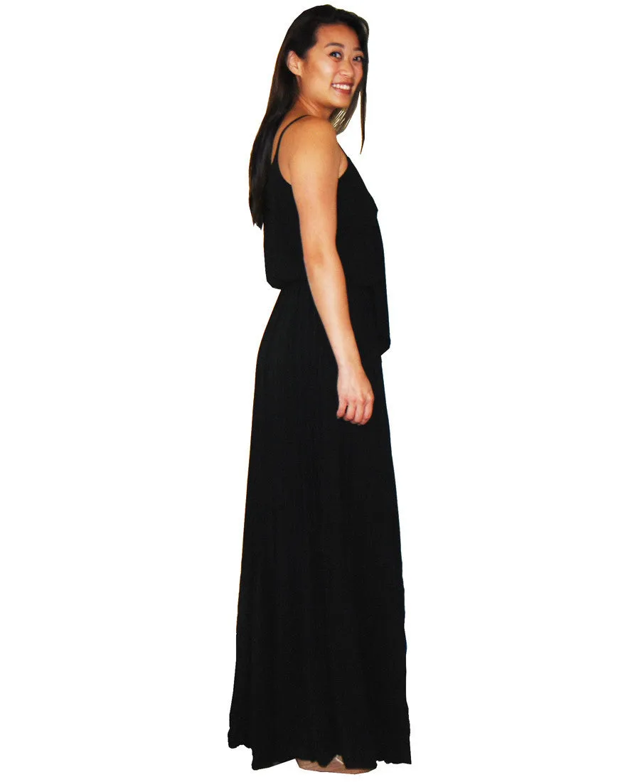 Bow Tie Chest Ruffle Maxi Dress Black