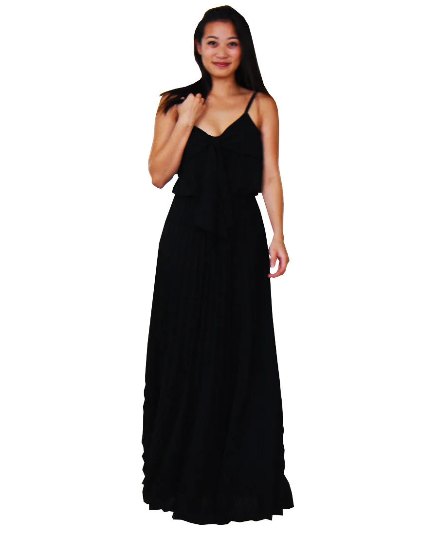 Bow Tie Chest Ruffle Maxi Dress Black