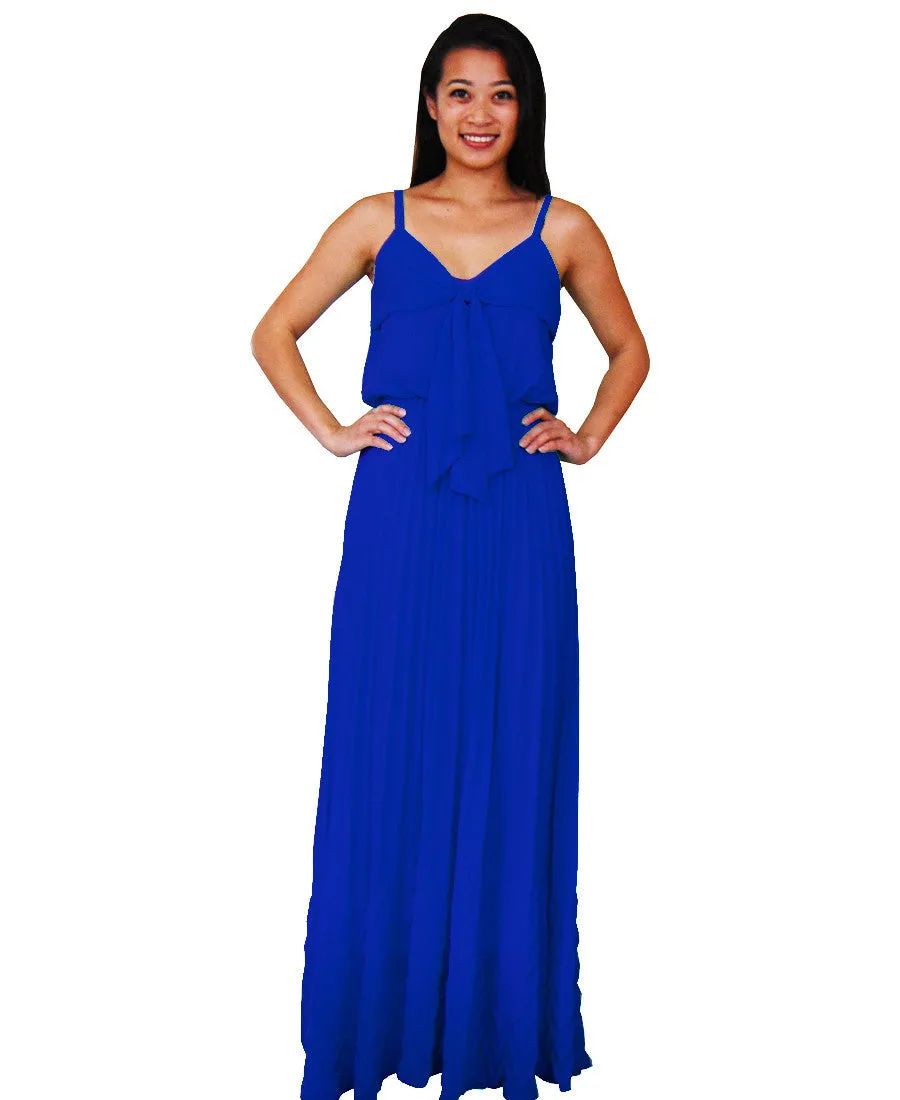 Bow Tie Chest Ruffle Maxi Dress Blue