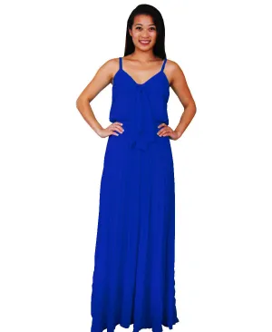 Bow Tie Chest Ruffle Maxi Dress Blue