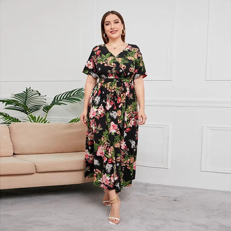 Briony Plus Size Short Sleeve Belted Floral Maxi Dress
