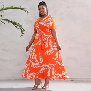 Briony Plus Size Short Sleeve Belted Floral Maxi Dress