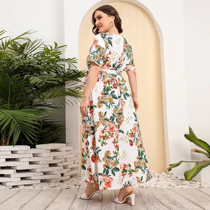 Briony Plus Size Short Sleeve Belted Floral Maxi Dress