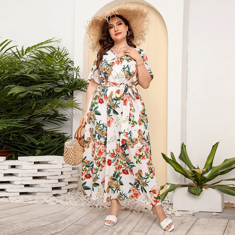 Briony Plus Size Short Sleeve Belted Floral Maxi Dress