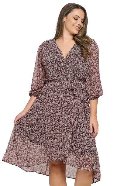 Brown Mauve Plus Size Half Puff Sleeve Wrap Waist Tie Printed Dress - Pack of 6