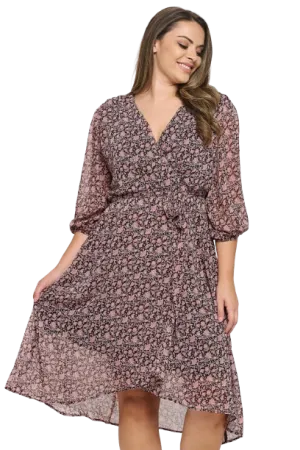 Brown Mauve Plus Size Half Puff Sleeve Wrap Waist Tie Printed Dress - Pack of 6