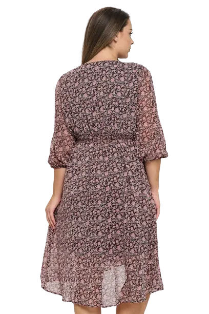 Brown Mauve Plus Size Half Puff Sleeve Wrap Waist Tie Printed Dress - Pack of 6