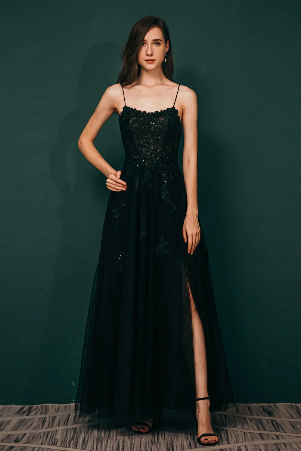 Burgundy Spaghetti Strap Lace Appliques High split Prom Dress