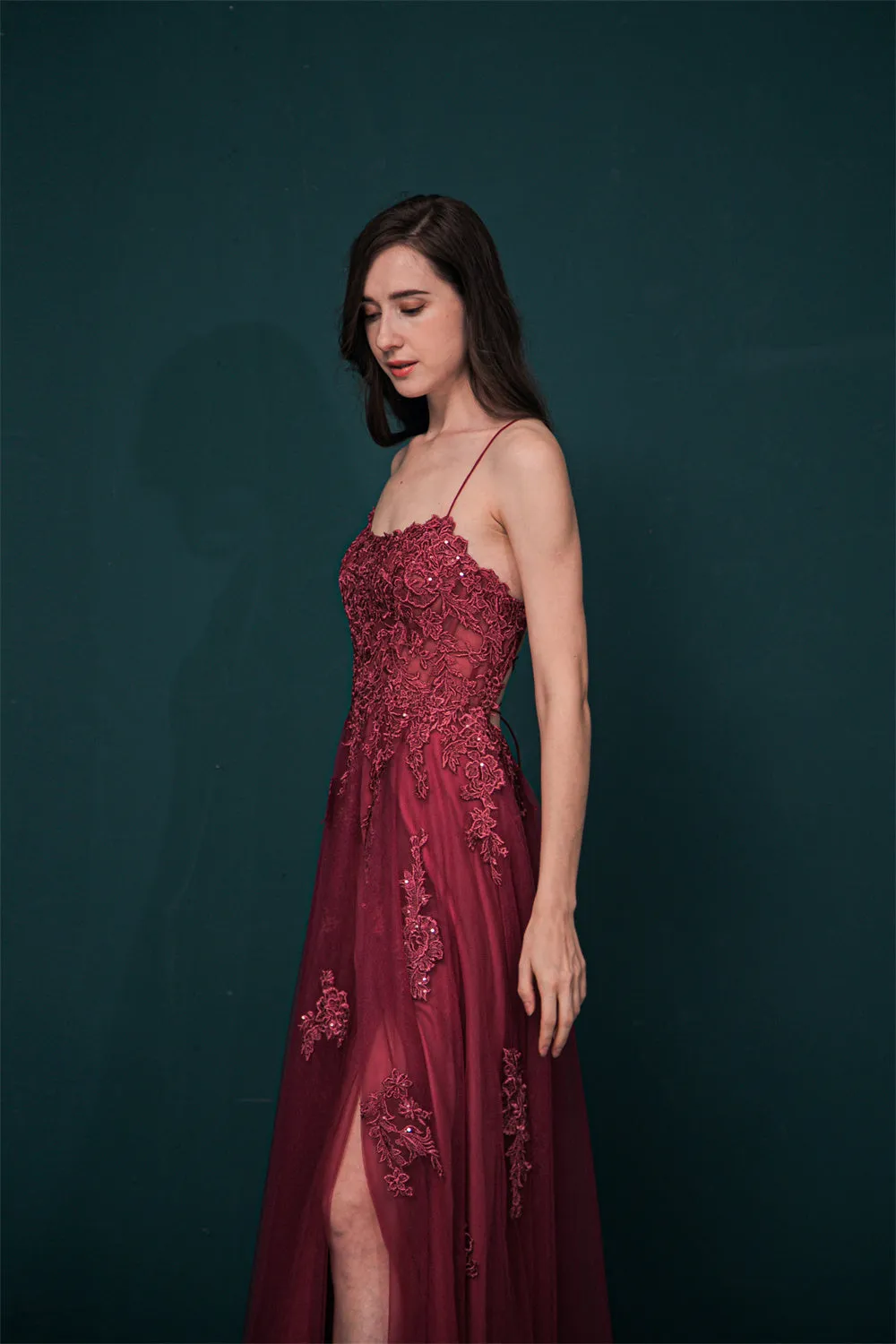 Burgundy Spaghetti Strap Lace Appliques High split Prom Dress