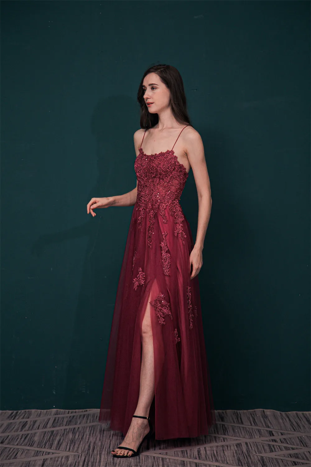 Burgundy Spaghetti Strap Lace Appliques High split Prom Dress