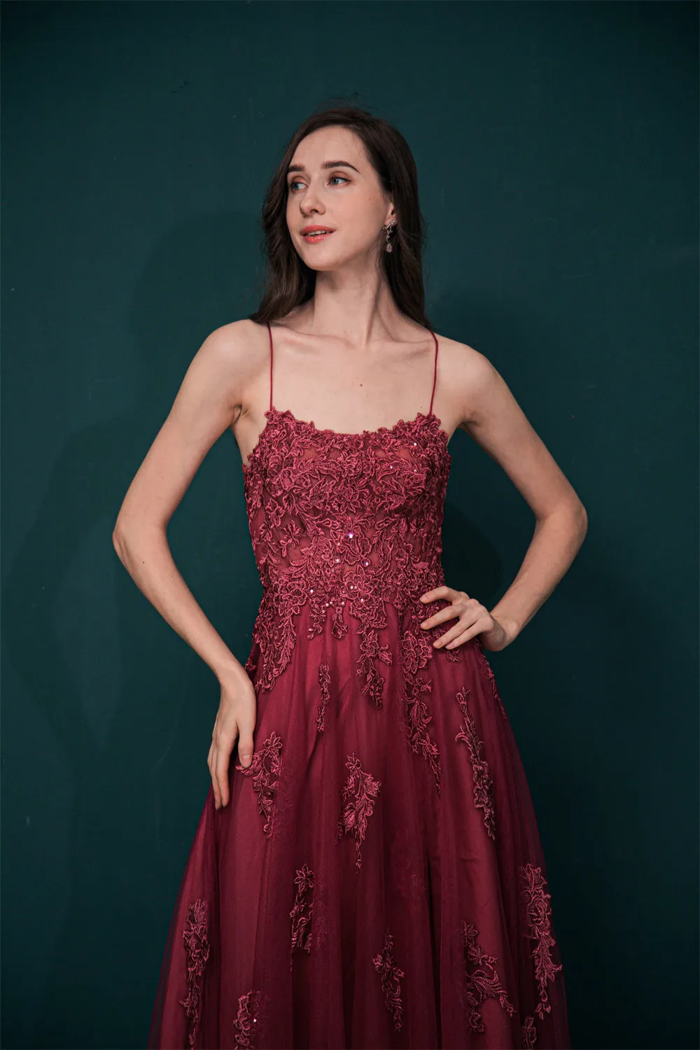 Burgundy Spaghetti Strap Lace Appliques High split Prom Dress