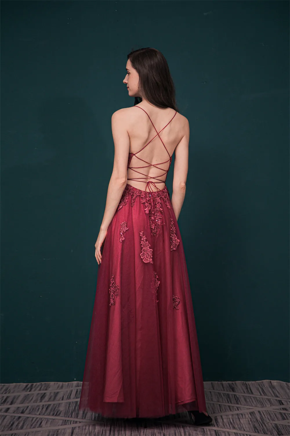 Burgundy Spaghetti Strap Lace Appliques High split Prom Dress