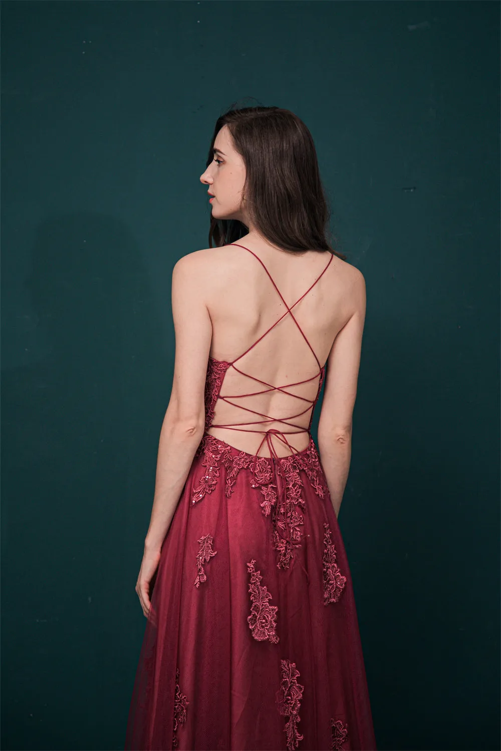 Burgundy Spaghetti Strap Lace Appliques High split Prom Dress