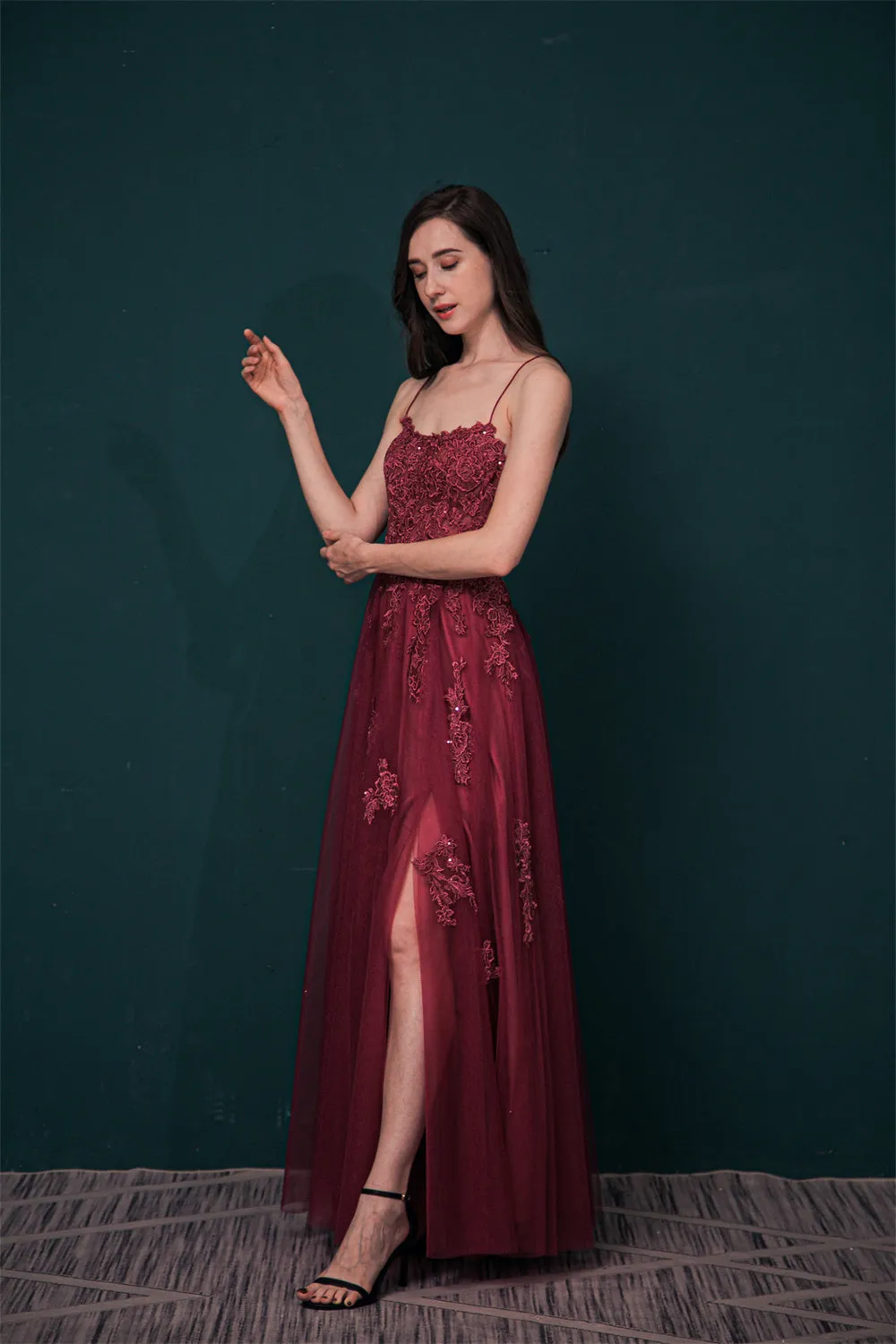 Burgundy Spaghetti Strap Lace Appliques High split Prom Dress