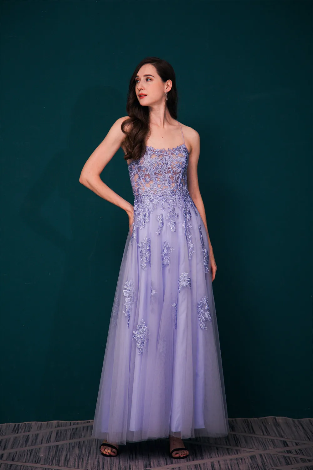 Burgundy Spaghetti Strap Lace Appliques High split Prom Dress