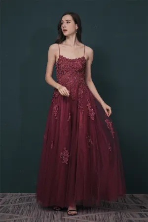 Burgundy Spaghetti Strap Lace Appliques High split Prom Dress