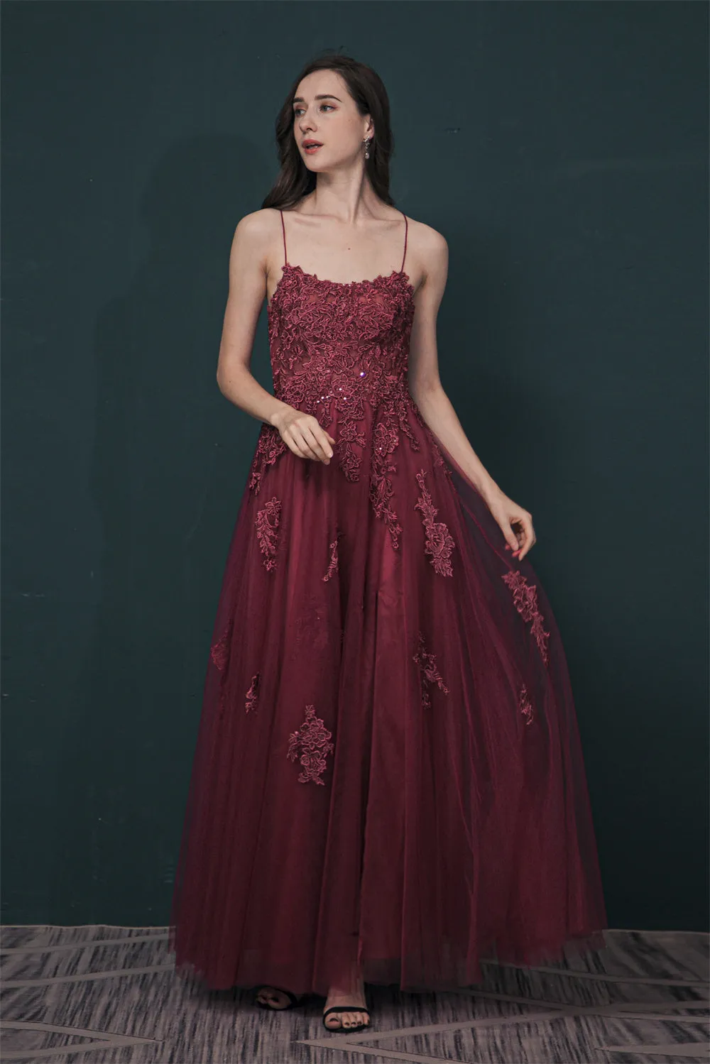 Burgundy Spaghetti Strap Lace Appliques High split Prom Dress