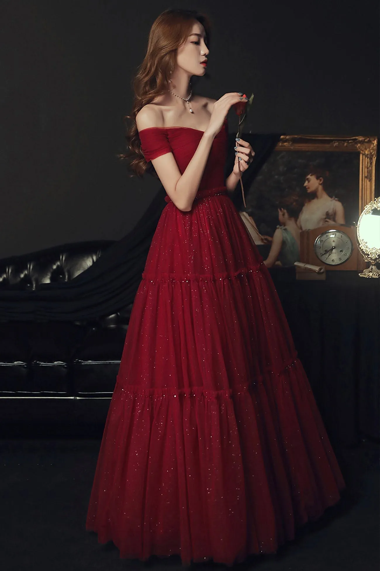 Burgundy tulle off shoulder prom Dresses evening Dresses