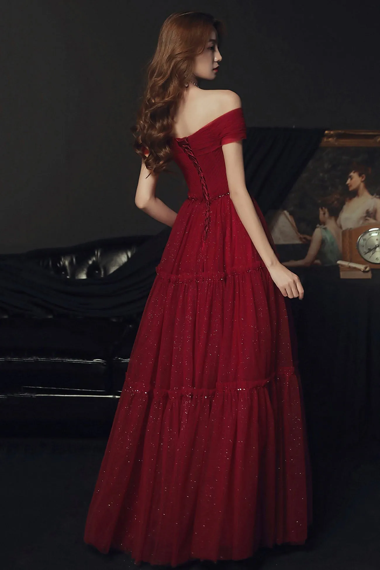 Burgundy tulle off shoulder prom Dresses evening Dresses
