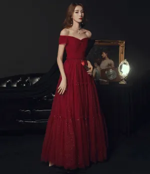 Burgundy tulle off shoulder prom Dresses evening Dresses