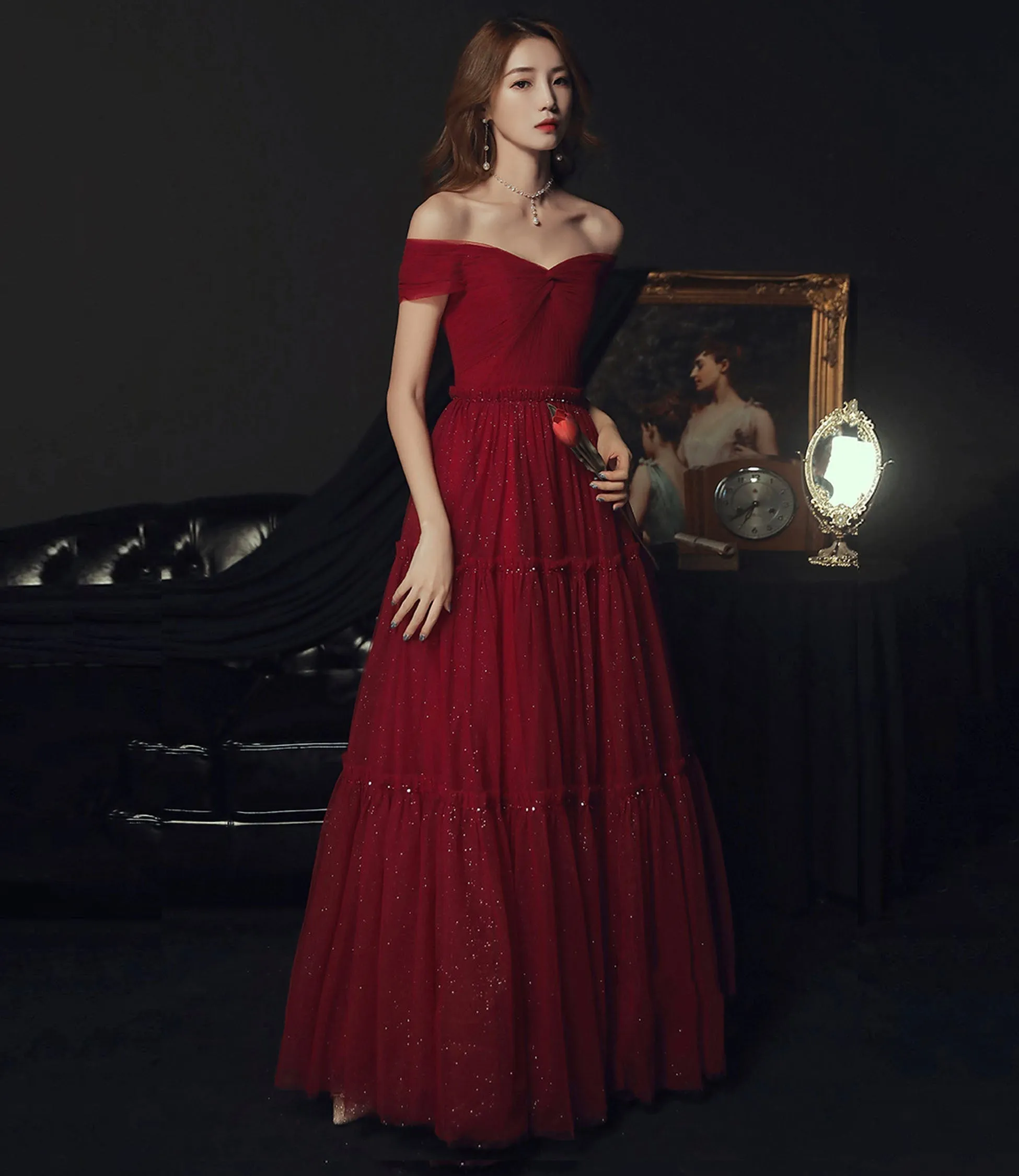 Burgundy tulle off shoulder prom Dresses evening Dresses