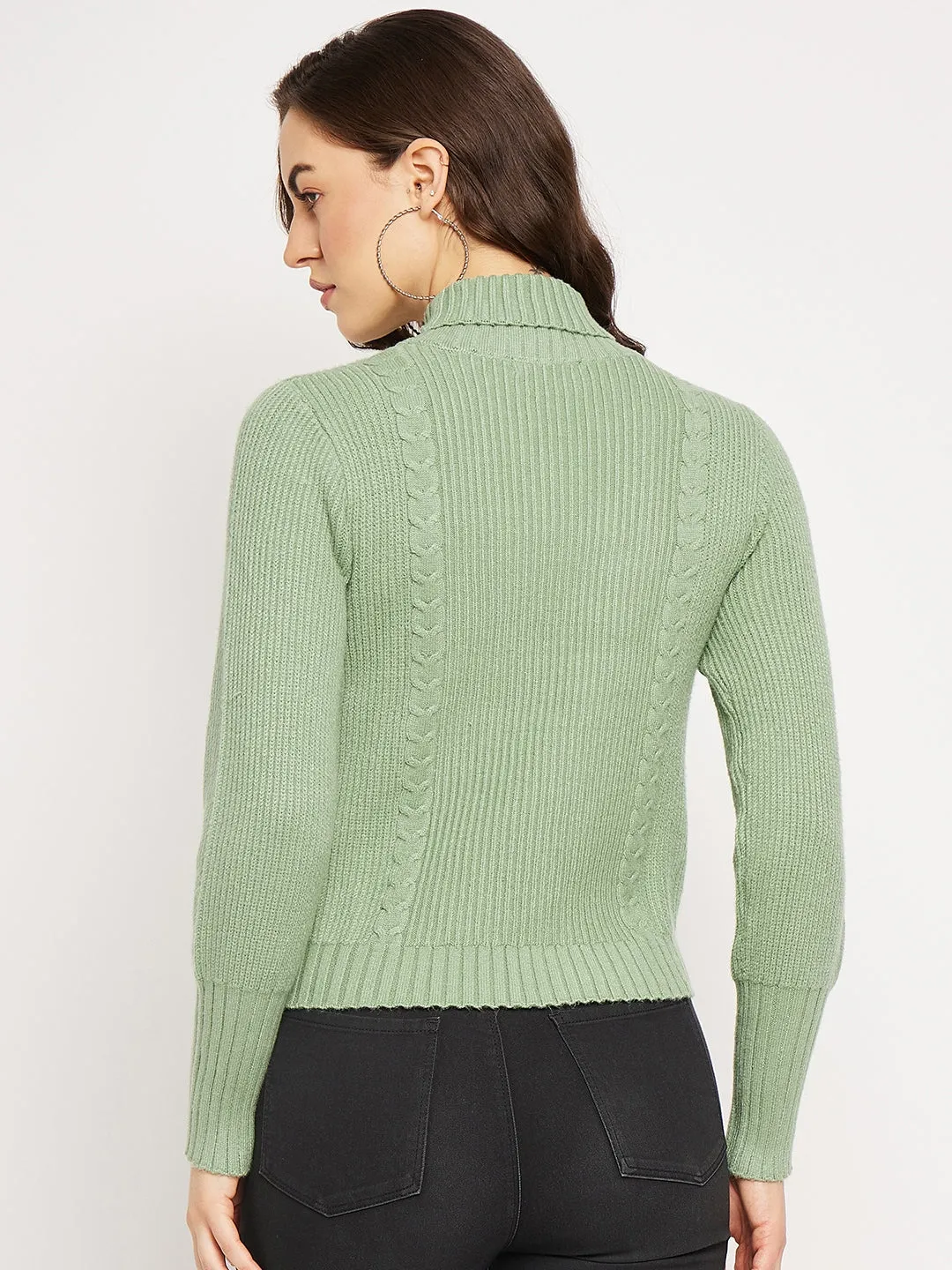 Camla Barcelona Cable Knit Sage Green Turtleneck Sweater