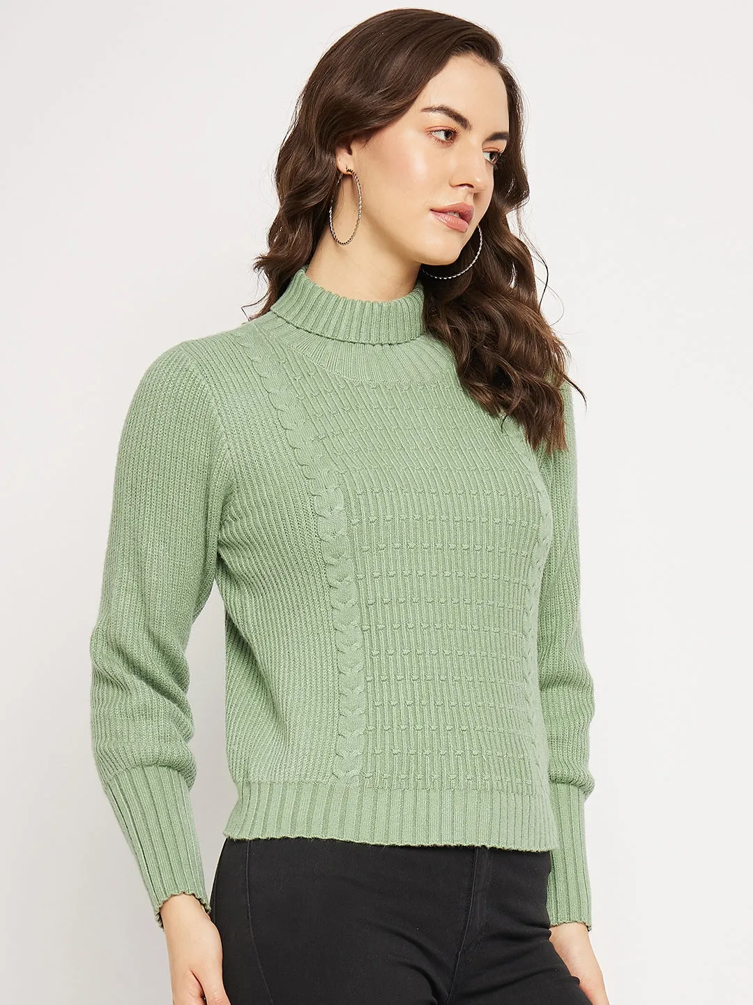 Camla Barcelona Cable Knit Sage Green Turtleneck Sweater