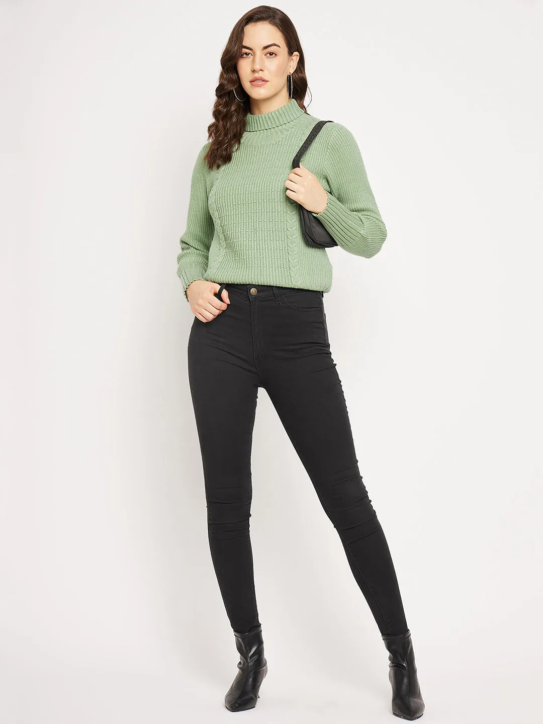 Camla Barcelona Cable Knit Sage Green Turtleneck Sweater