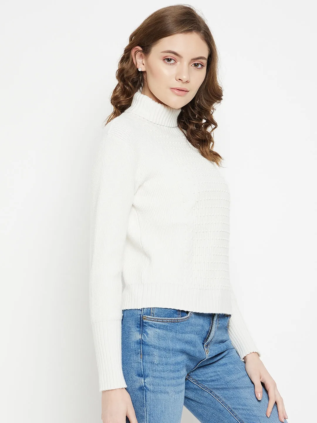 Camla Barcelona Textured Off-White Turtleneck Sweater