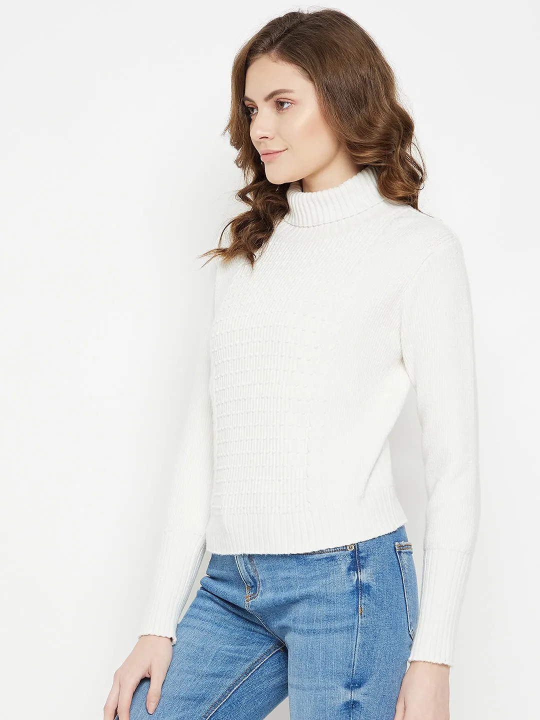 Camla Barcelona Textured Off-White Turtleneck Sweater