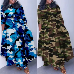 Camo Print Maxi Dress Sexy Women O-neck Bodycon Camouflage Casual Long Dress Vestidos