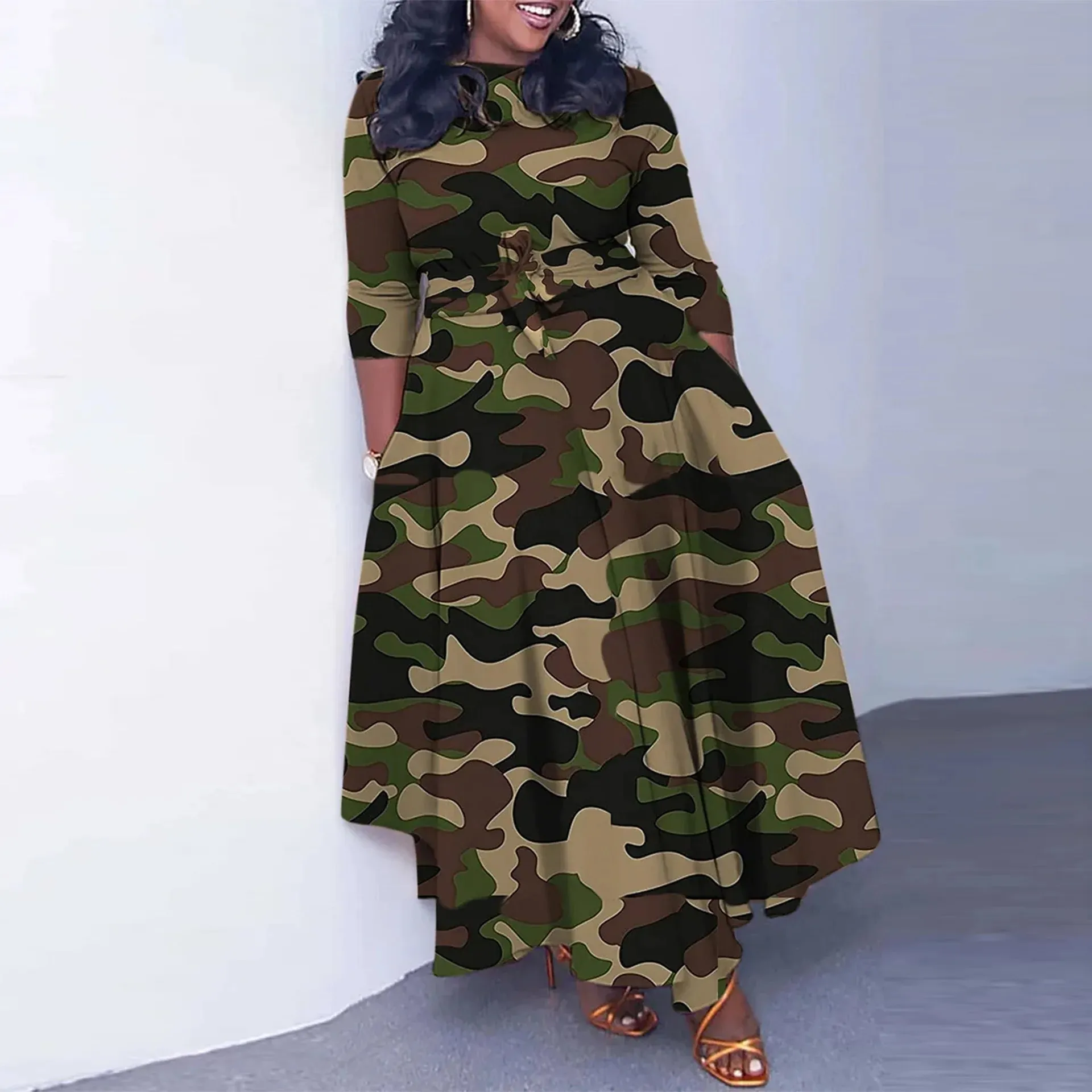 Camo Print Maxi Dress Sexy Women O-neck Bodycon Camouflage Casual Long Dress Vestidos