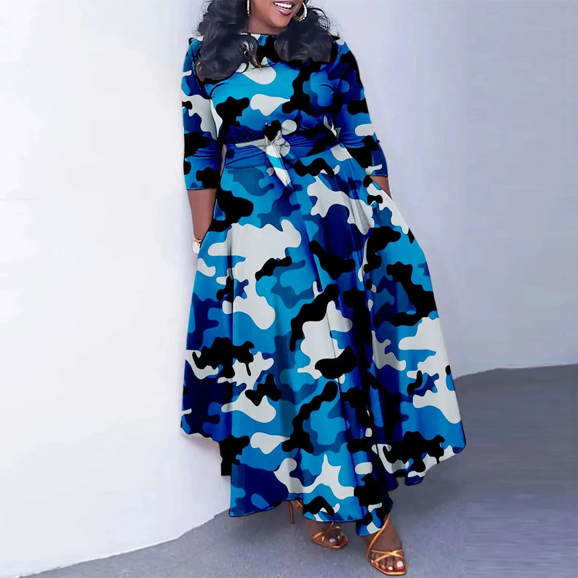 Camo Print Maxi Dress Sexy Women O-neck Bodycon Camouflage Casual Long Dress Vestidos