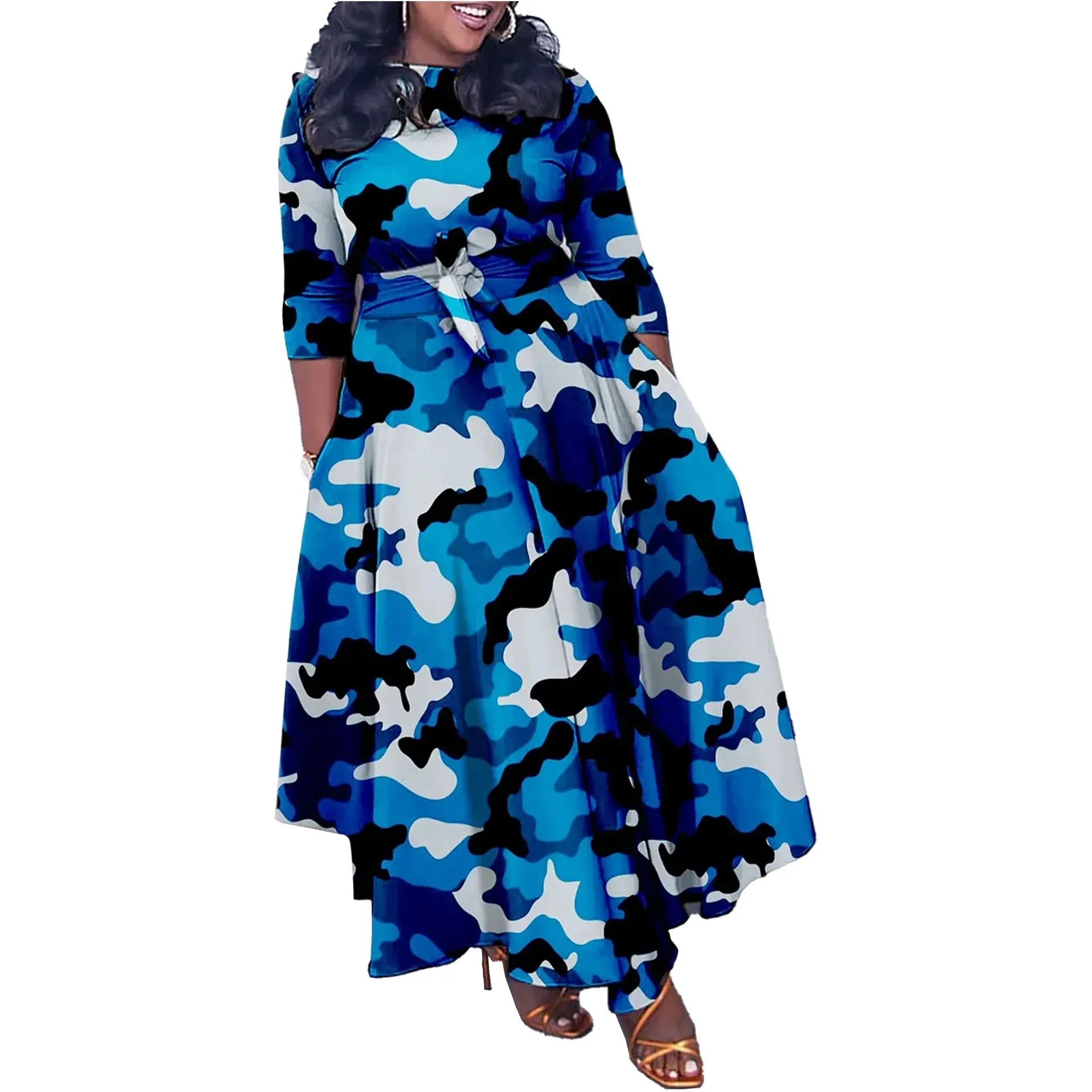Camo Print Maxi Dress Sexy Women O-neck Bodycon Camouflage Casual Long Dress Vestidos