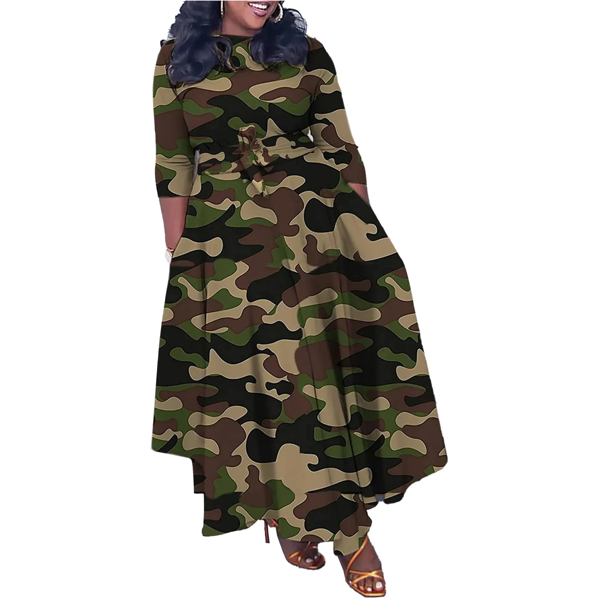 Camo Print Maxi Dress Sexy Women O-neck Bodycon Camouflage Casual Long Dress Vestidos