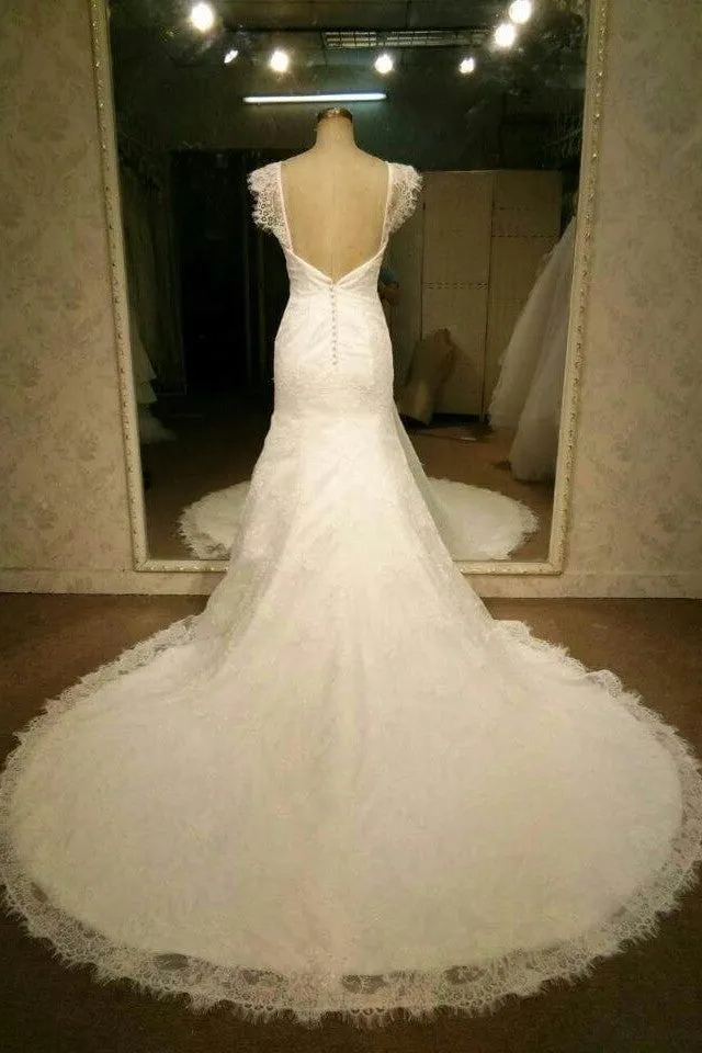 Cap Sleeves Sheath Lace Wedding Dress Vintage  Backless Bride Gown