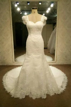 Cap Sleeves Sheath Lace Wedding Dress Vintage  Backless Bride Gown