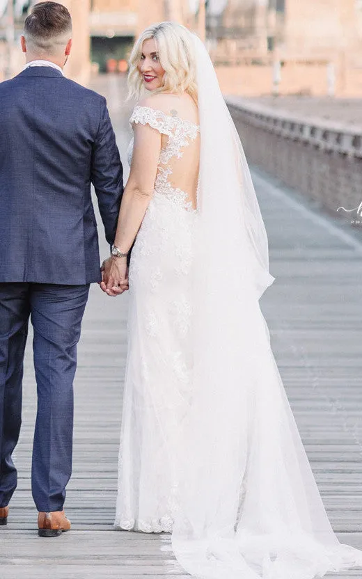 Casual Sheath Off-the-shoulder Lace Tulle Wedding Dress With Open Back And Appliques-716626