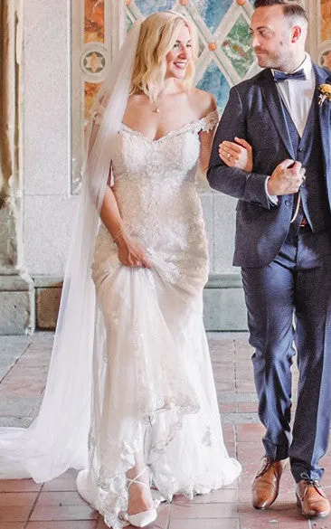 Casual Sheath Off-the-shoulder Lace Tulle Wedding Dress With Open Back And Appliques-716626