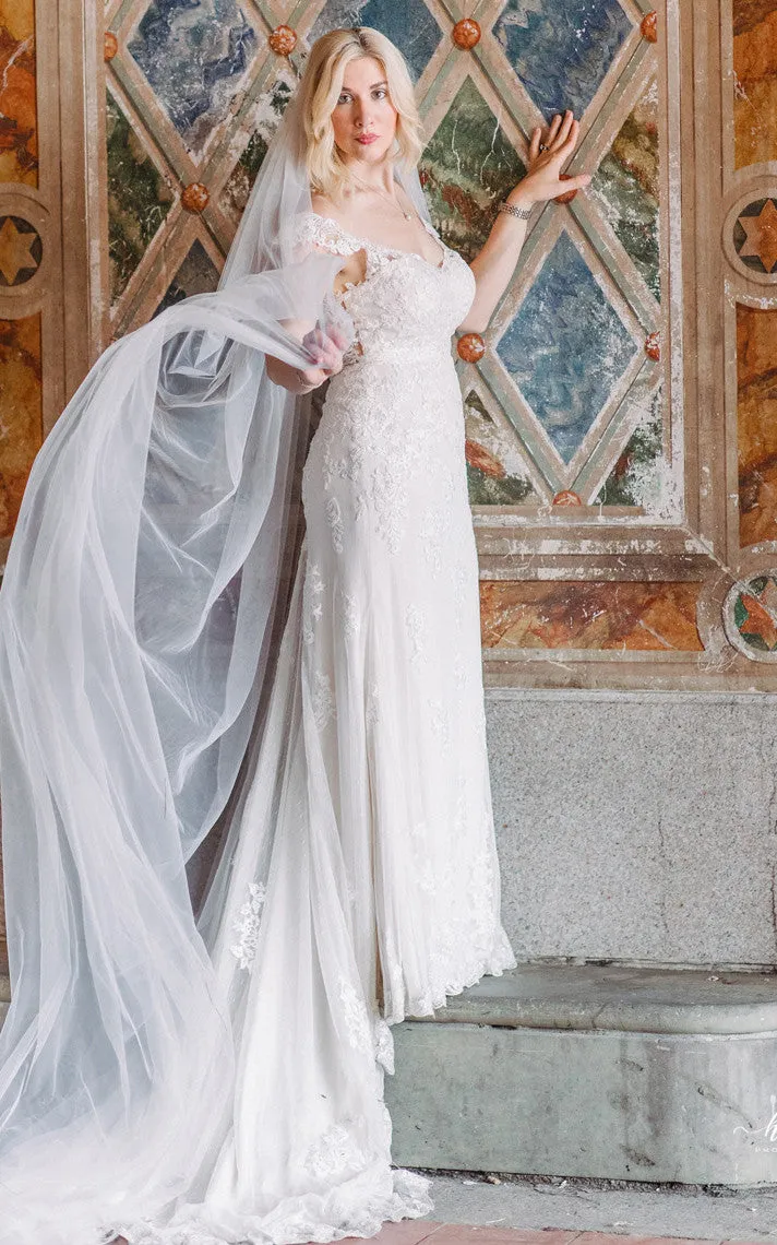 Casual Sheath Off-the-shoulder Lace Tulle Wedding Dress With Open Back And Appliques-716626