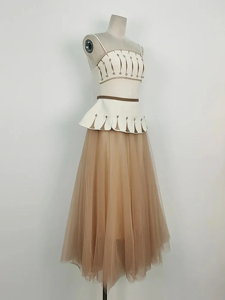 Caterina 2 Pcs Set Strapless Sleeve Length Waist Print Tops Loose Gauze Solid Color Skirt  Suit