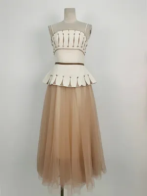 Caterina 2 Pcs Set Strapless Sleeve Length Waist Print Tops Loose Gauze Solid Color Skirt  Suit
