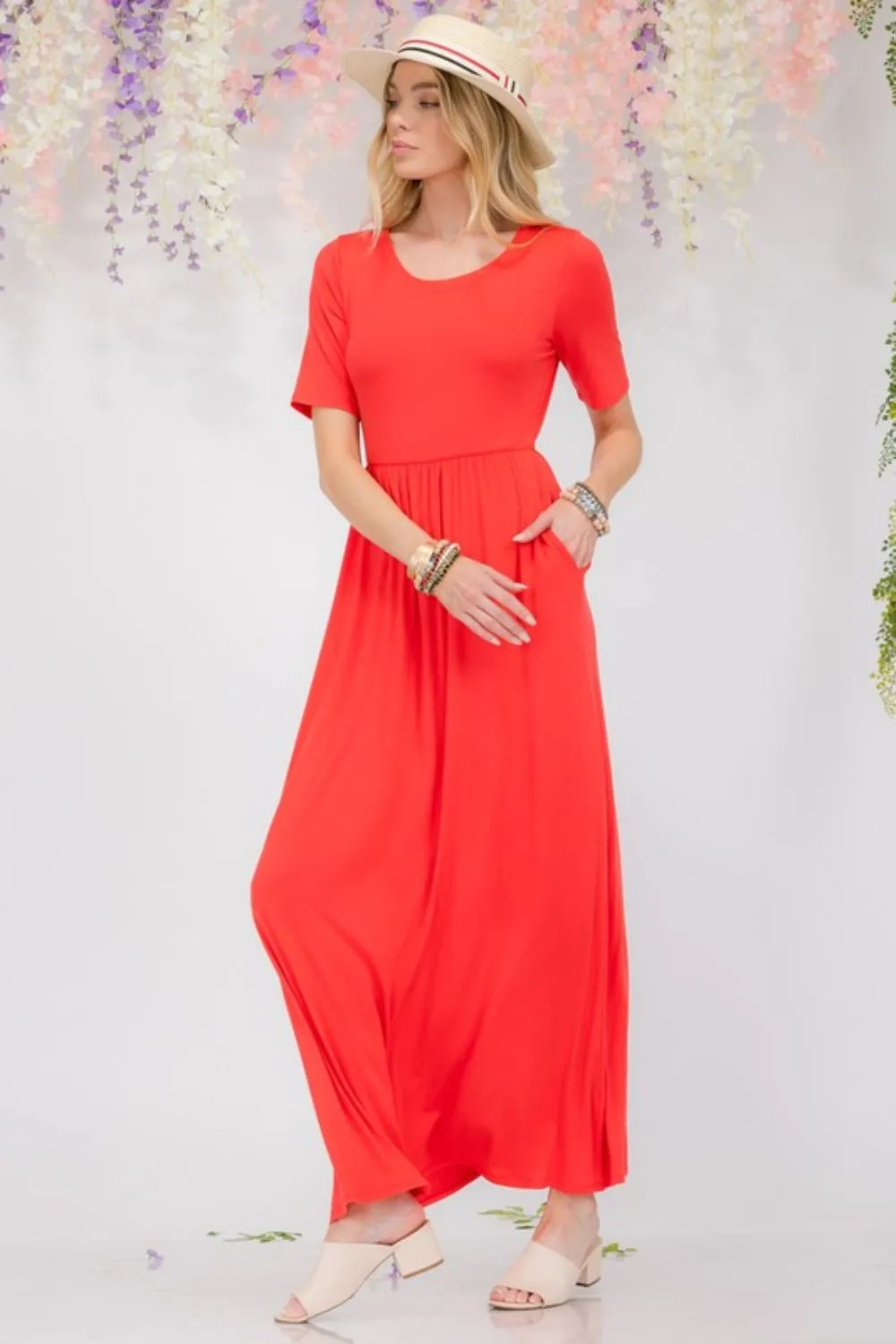 Celeste Full Size Round Neck Short Sleeve Maxi Dress with Pockets Plus Size