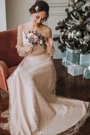 Champagne round neck tulle beads long prom dress