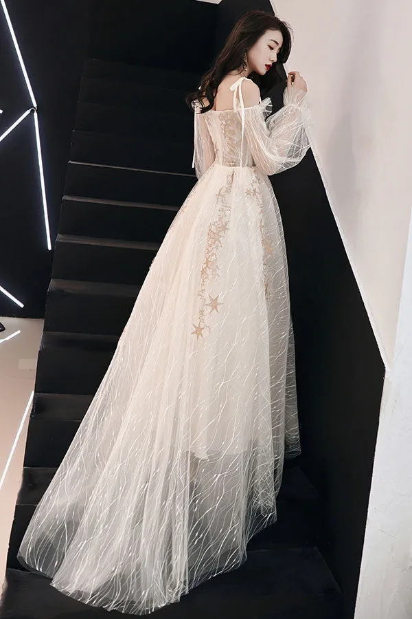 Champagne tulle lace long prom dress, champagne lace evening dress