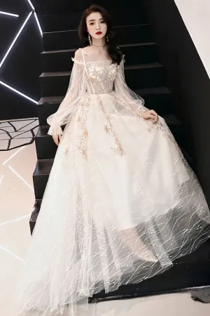 Champagne tulle lace long prom dress, champagne lace evening dress